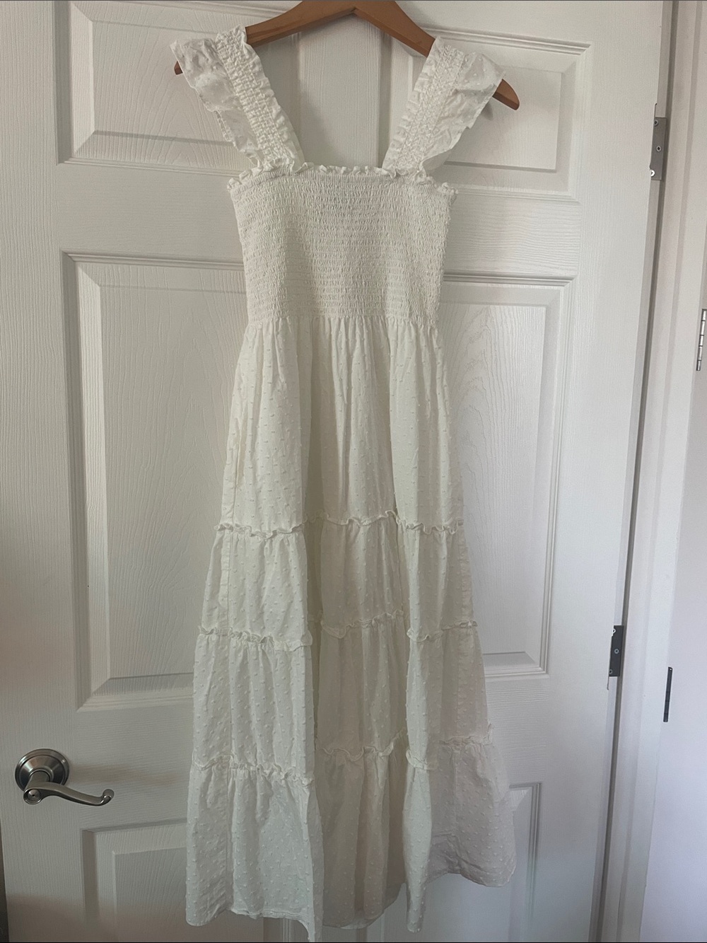 Women’s White Tiered Maxi Dress with Ruffle Straps